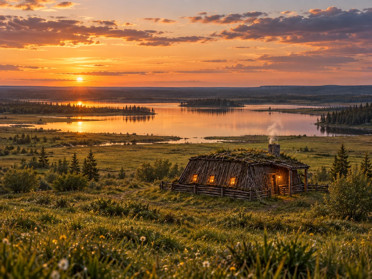 A Sakha balagan overlooking the sunset in Siberia